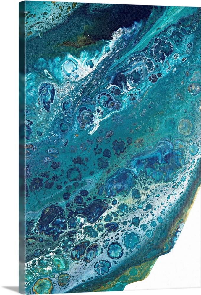 Abstract contemporary painting in color tones resembling the ocean, applied in a marbling effect.