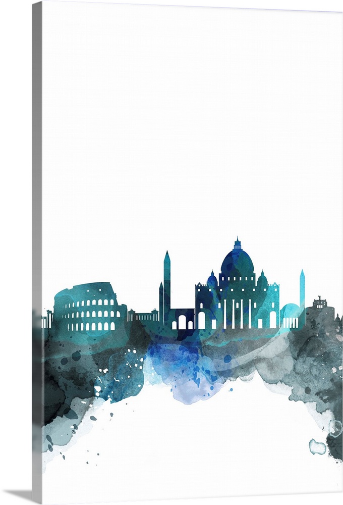 The Rome city skyline in colorful watercolor splashes.