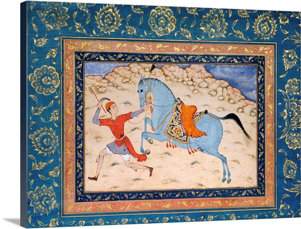 The drawing of the blue-gray horse, its rich saddle, and the bare, rocky landscape are in a Persian vein, while the groom,...