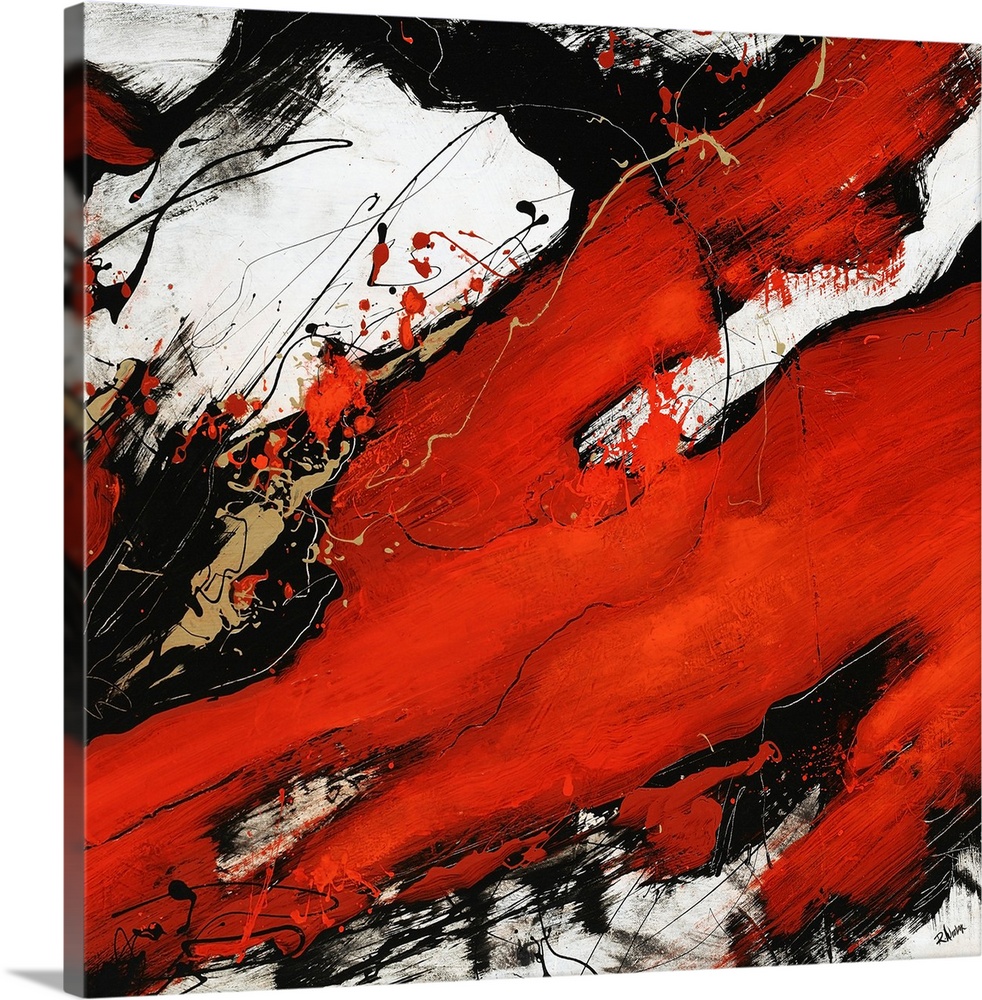 Square, oversized abstract painting of large contrasting paint splatters and dribbles across a white background.