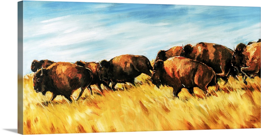 Painting of a herd of buffalo running wild on a grassy plain.