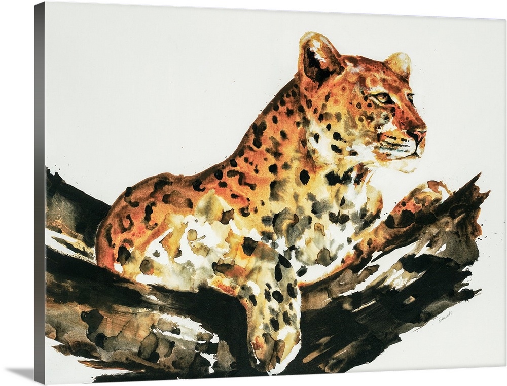 Waterolor painting of a leopard sitting serenely in a tree.