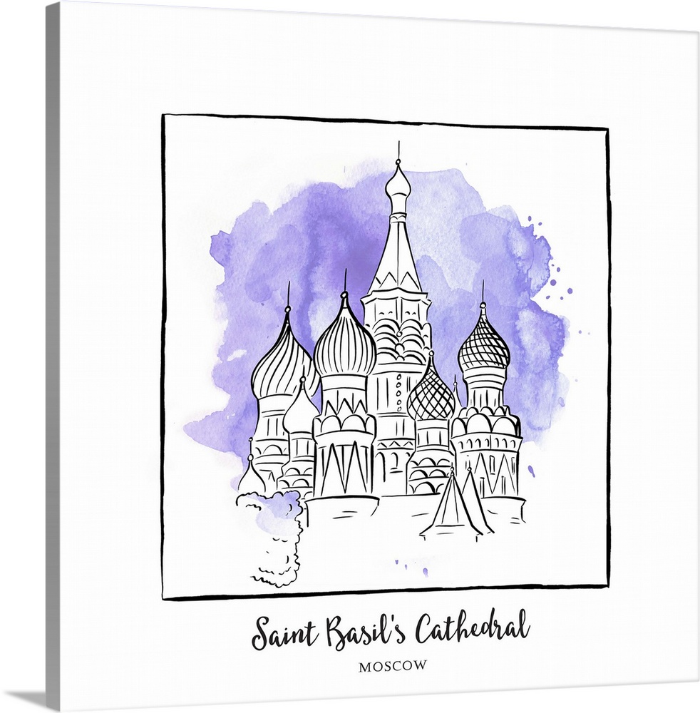An ink illustration of Saint Basil's Cathedral in Moscow, Russia, with a violet watercolor wash.