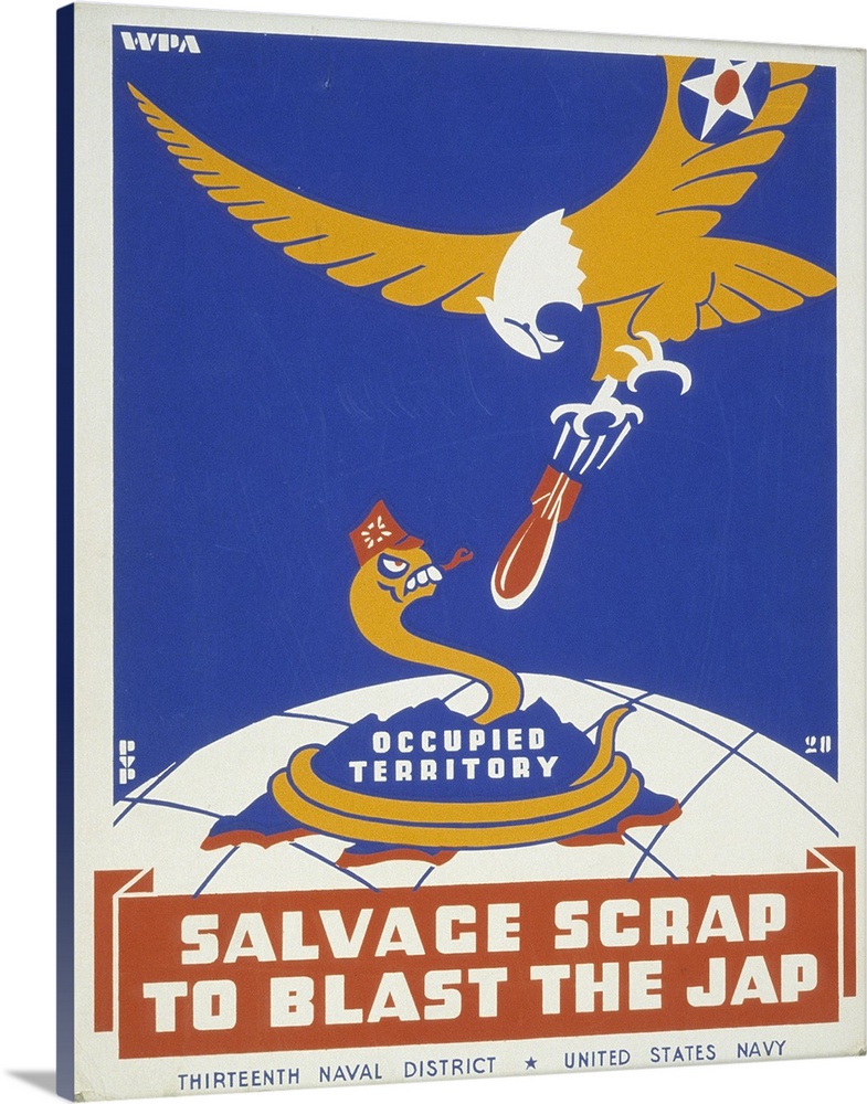 Artwork for Thirteenth Naval District, United States Navy, showing a snake representing Japan being bombed by an eagle.
