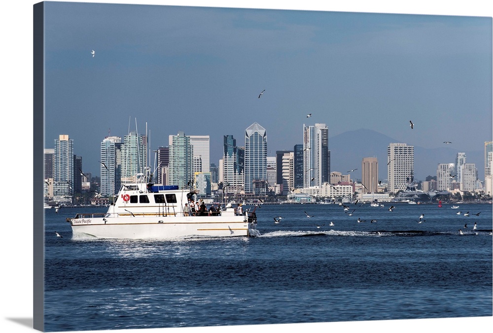 Photograph of a charter fishing boat on the Pacific Ocean with seagulls flying around it and the San Diego skyline in the ...