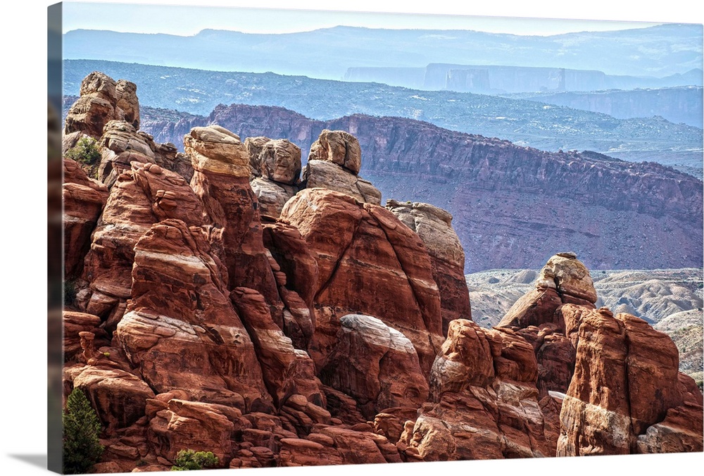 Sandstone formations in the Fiery Furnace, overlooking the Salt Valley with the La Sal mountains in the distance, Arches N...
