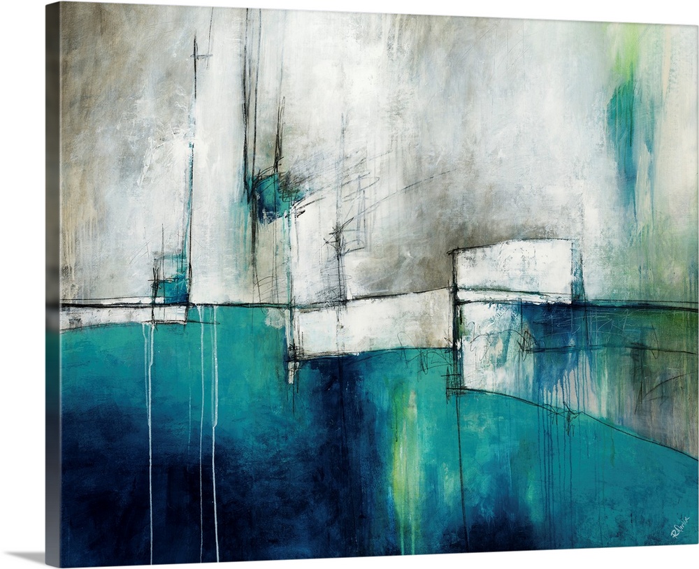 Abstract artwork with mostly cool colors. Blocks of blue and white with streaks of running colors throughout the print.