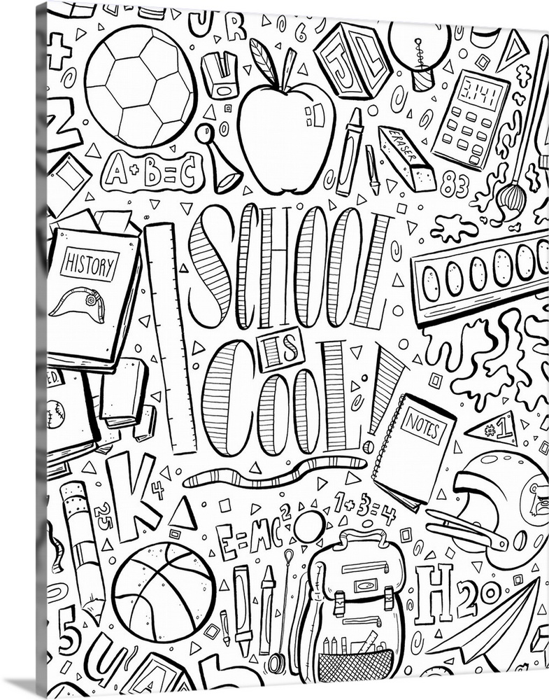 Fun illustration of a variety of Back to School themed objects, including apples, books, backpacks, numbers, letters, and ...