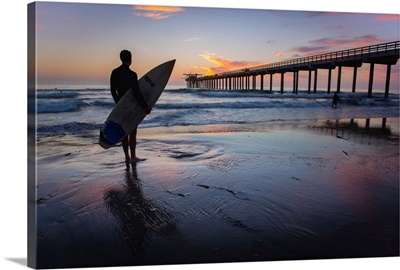 Scripps Beach Pier and Surfer Silhouette at Sunset, La Jolla, San Diego