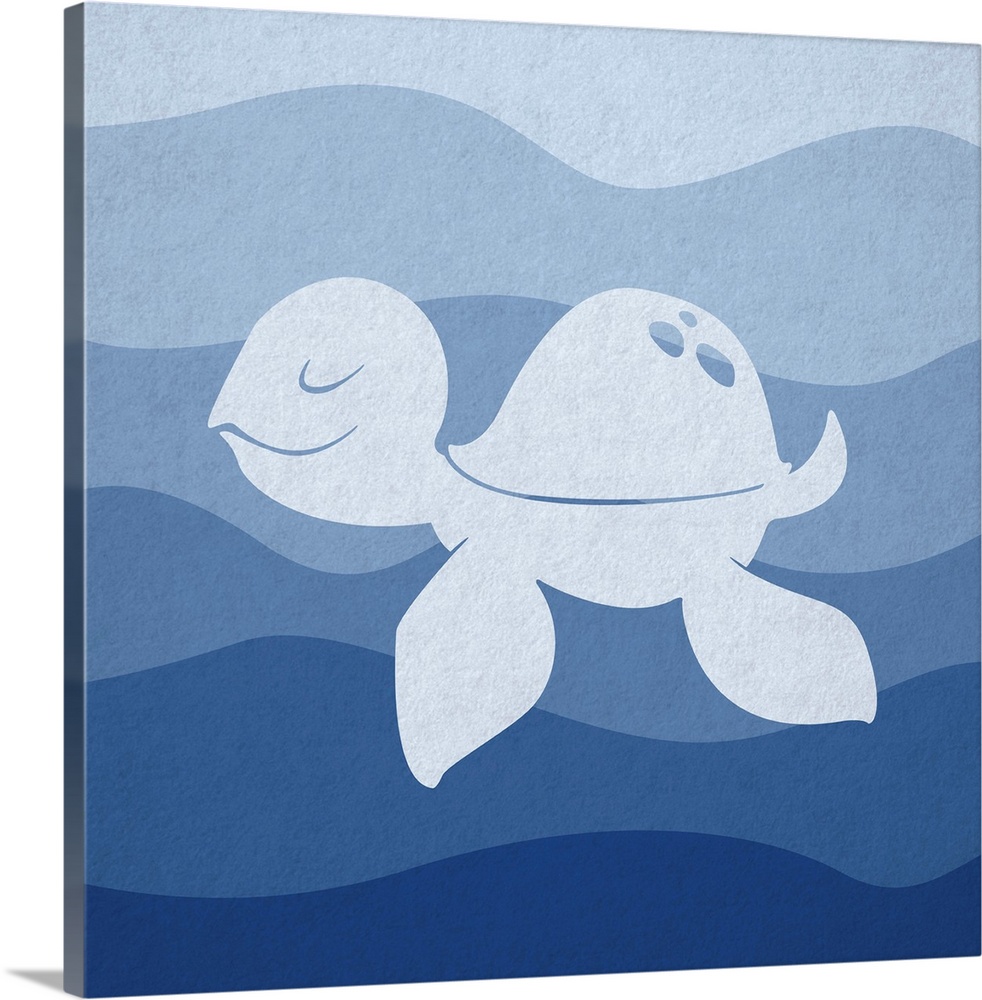 Nursery art of a sea turtle swimming in blue waves.