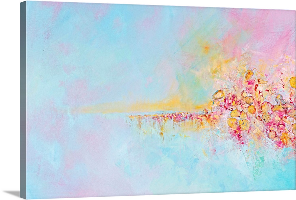 Contemporary mixed media abstract painting in pastel shades of pink, yellow, and turquoise, embellished with seashells.