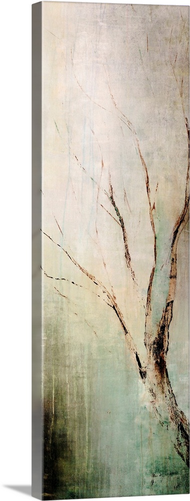 Panoramic contemporary art depicts a lone tree branch composed of earth tones as it sits in front of a bare background.