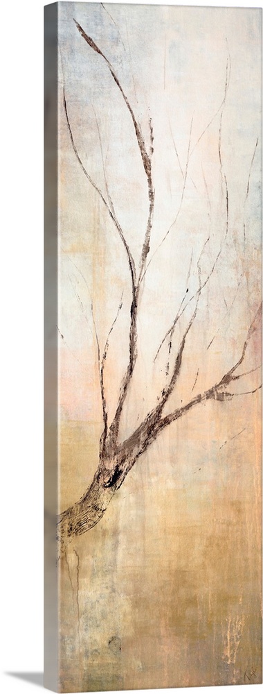 Contemporary vertical panoramic painting of tree branch with several other smaller twigs branching off in an upward direct...