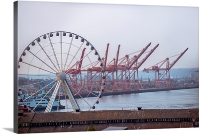Seattle Great Wheel and Dockside Cranes In Seattle, Washington