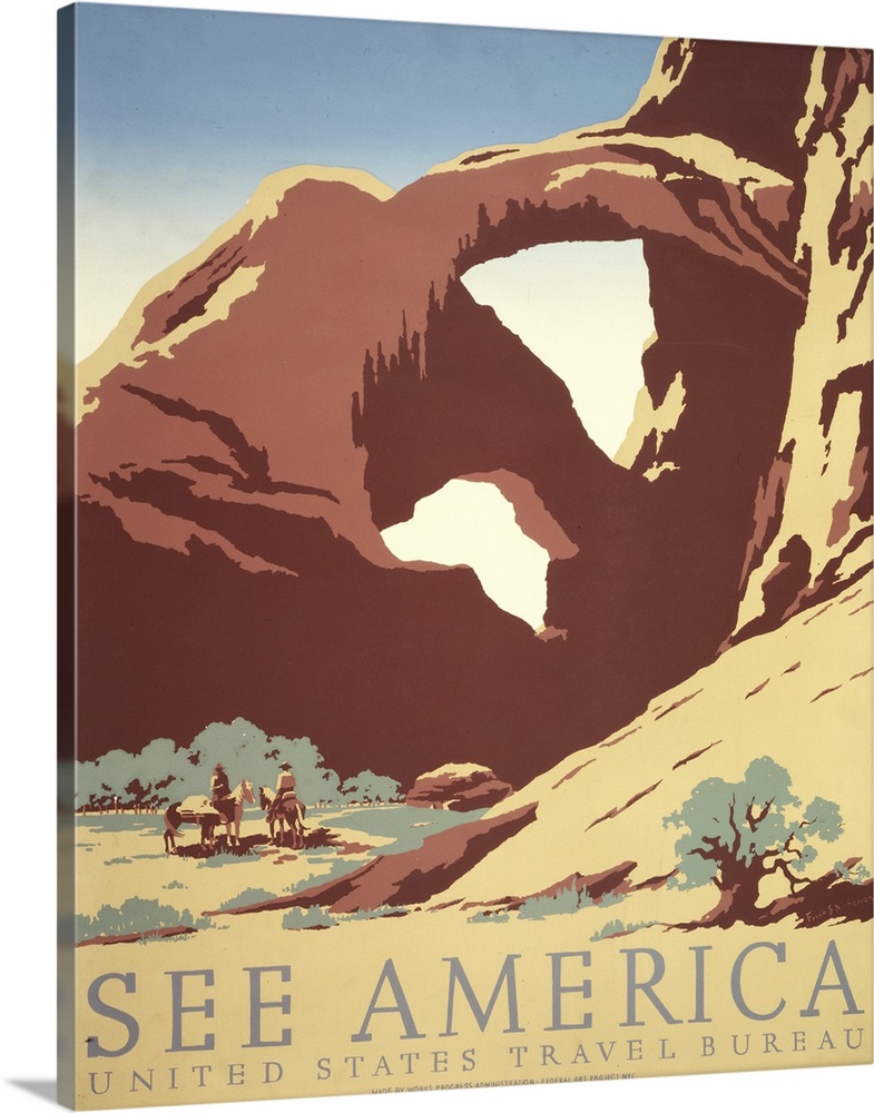 See America. Poster for the United States Travel Bureau promoting tourism, showing two cowboys on horseback by stream near...