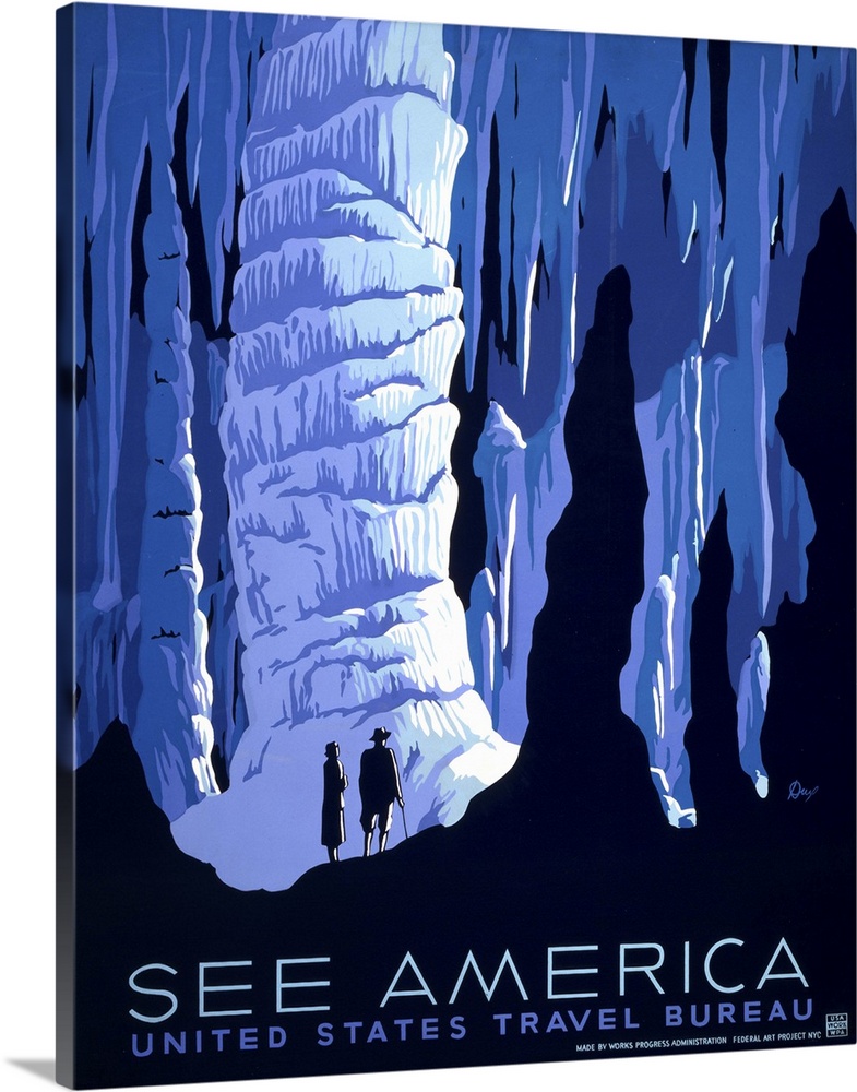 See America. Poster for the United States Travel Bureau promoting tourism, showing two people in caverns. Library of Congr...
