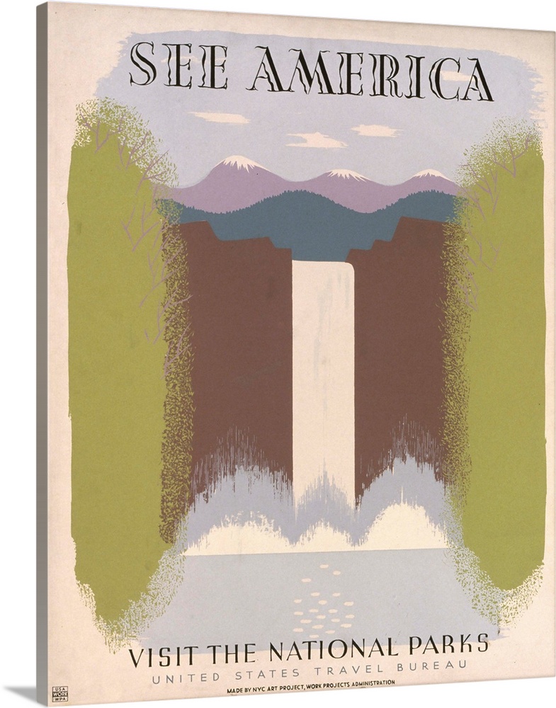 See America, visit the national parks. Poster for United States Travel Bureau promoting travel to national parks, showing ...