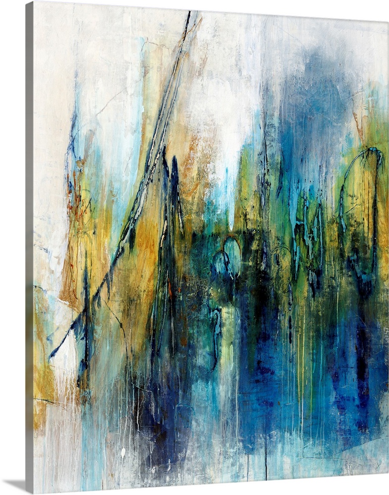 Contemporary abstract painting using blue mixed with gold in swiping vertical swipes, against a neutral background.