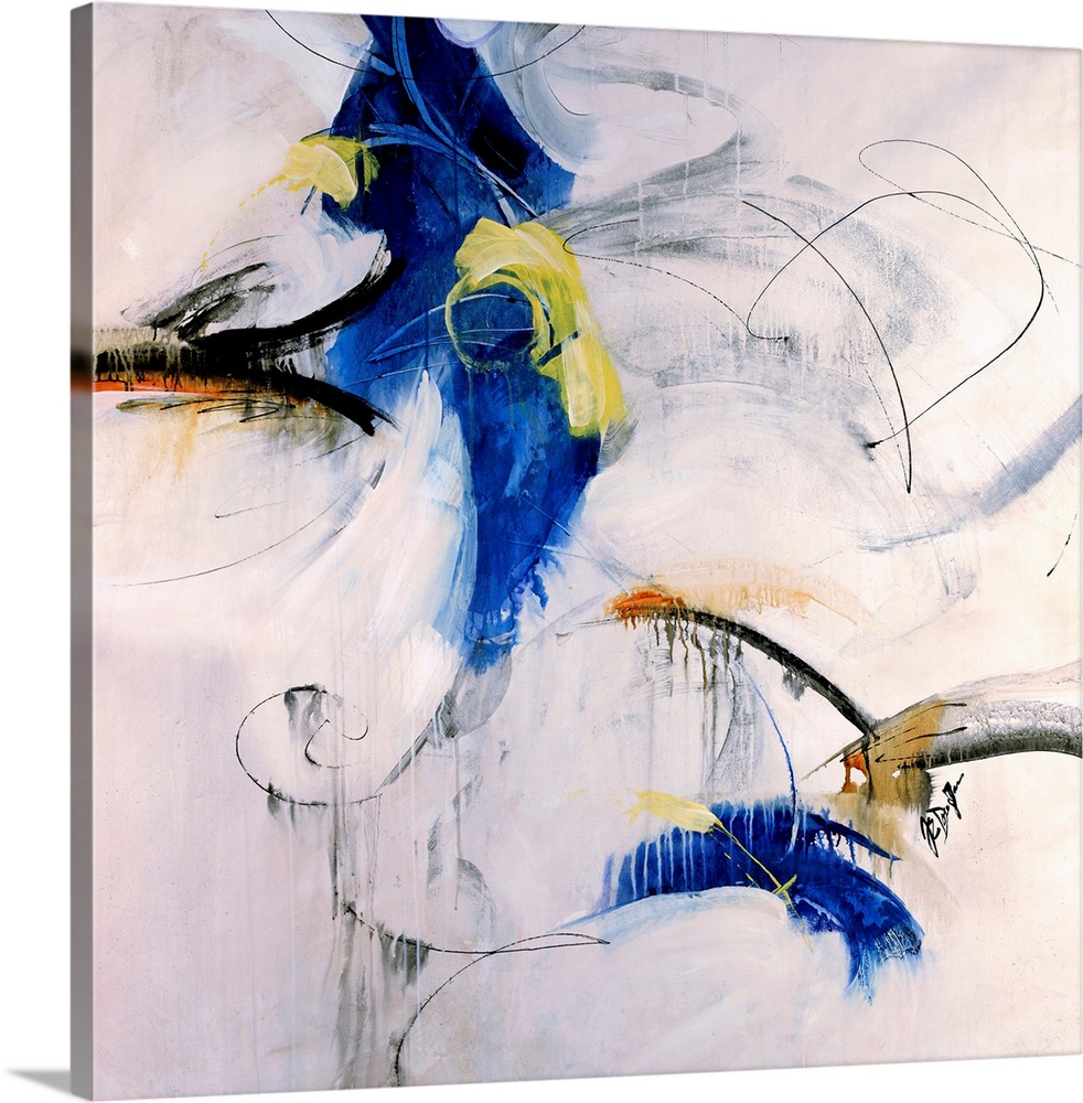A square, abstract painting of swirls and shapes of color on a neutral backdrop.