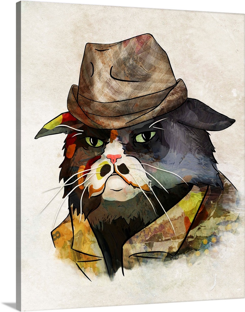 Pop art of a cat wearing a detective hat and an intense expression.