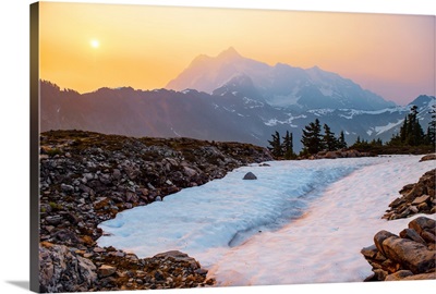 Snow Trail With Sunrise Over Mount Shuksan, Mount Baker Wilderness, Washington