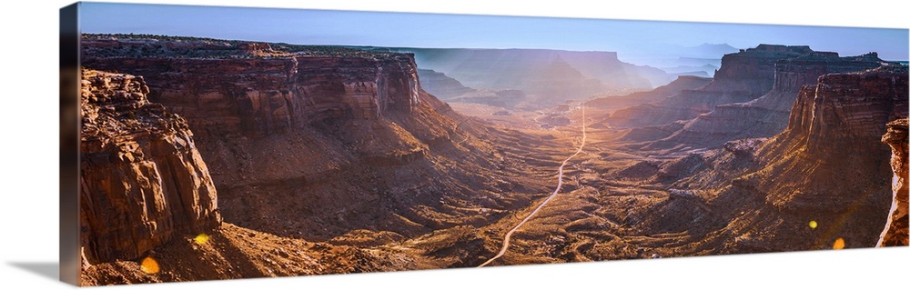 Panoramic view of the cliffs and mesas in the desert landscape of Canyonlands National Park, Moab, Utah.