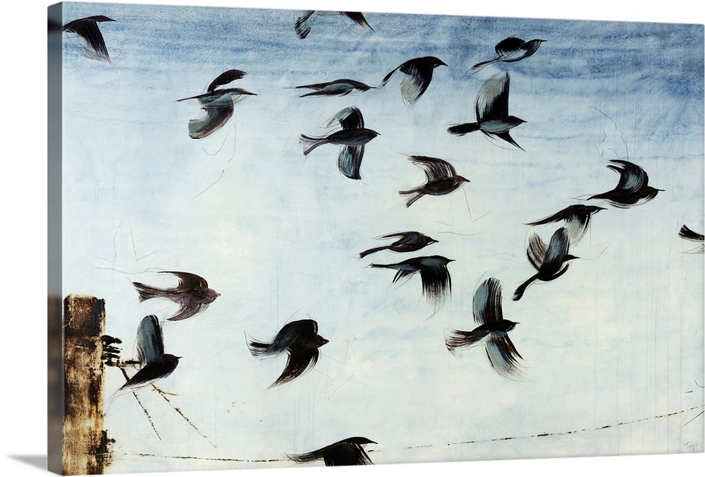 Contemporary artwork of a flock of sparros in flight above a power line in front of a light blue sky.