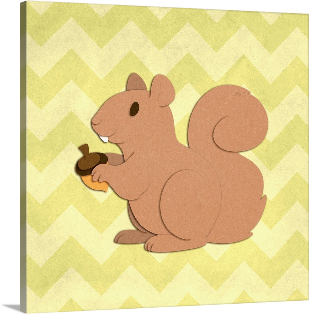 A squirrel with an acorn with the appearance of cutout paper on a yellow chevron-patterned background.