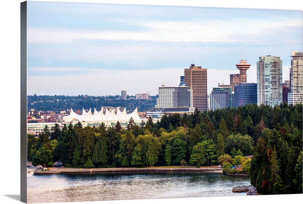 View of Stanley Park Seawall Path, Canada Place and Downtown Vancouver in British Columbia, Canada.
