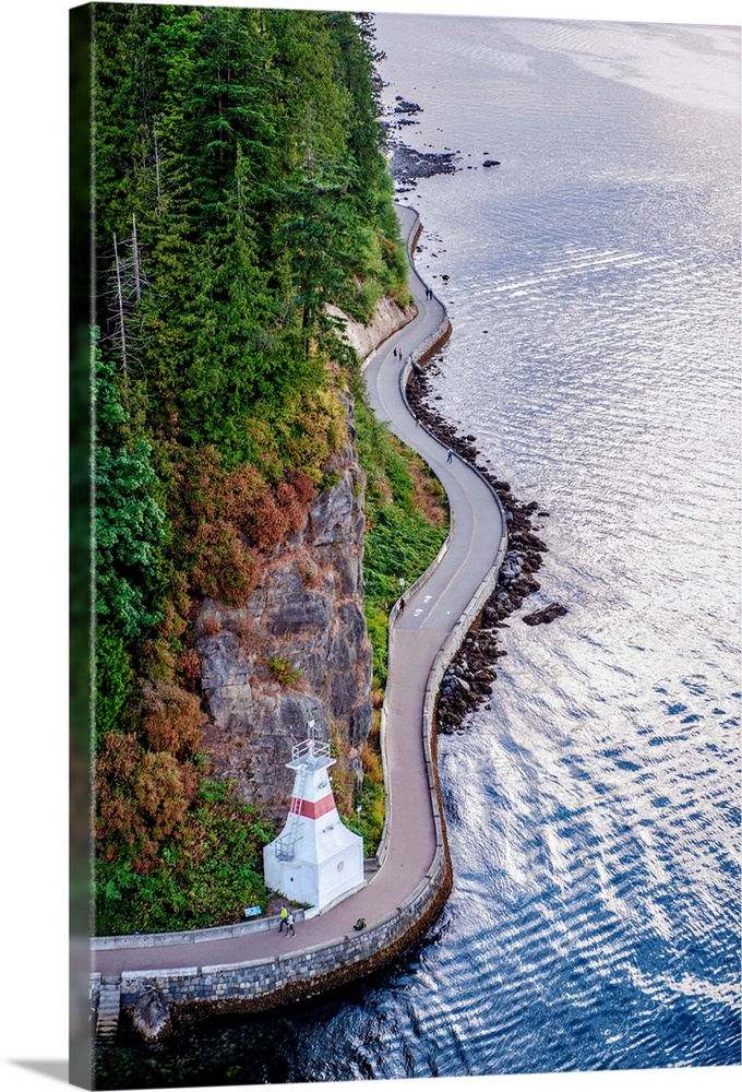 Aerial view of Stanley Park Seawall Path in Vancouver, British Columbia, Canada.