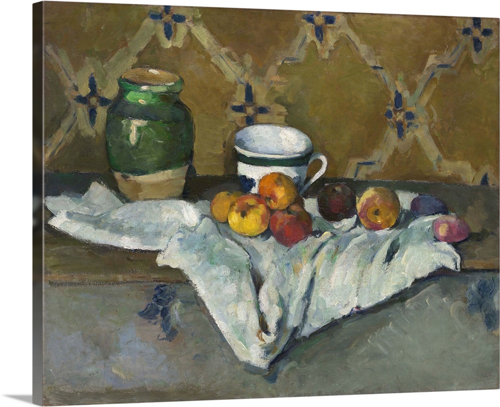 In addition to apples-a favorite motif of Cezanne's-the ceramic jar and cup seen in this still life feature in numerous pa...