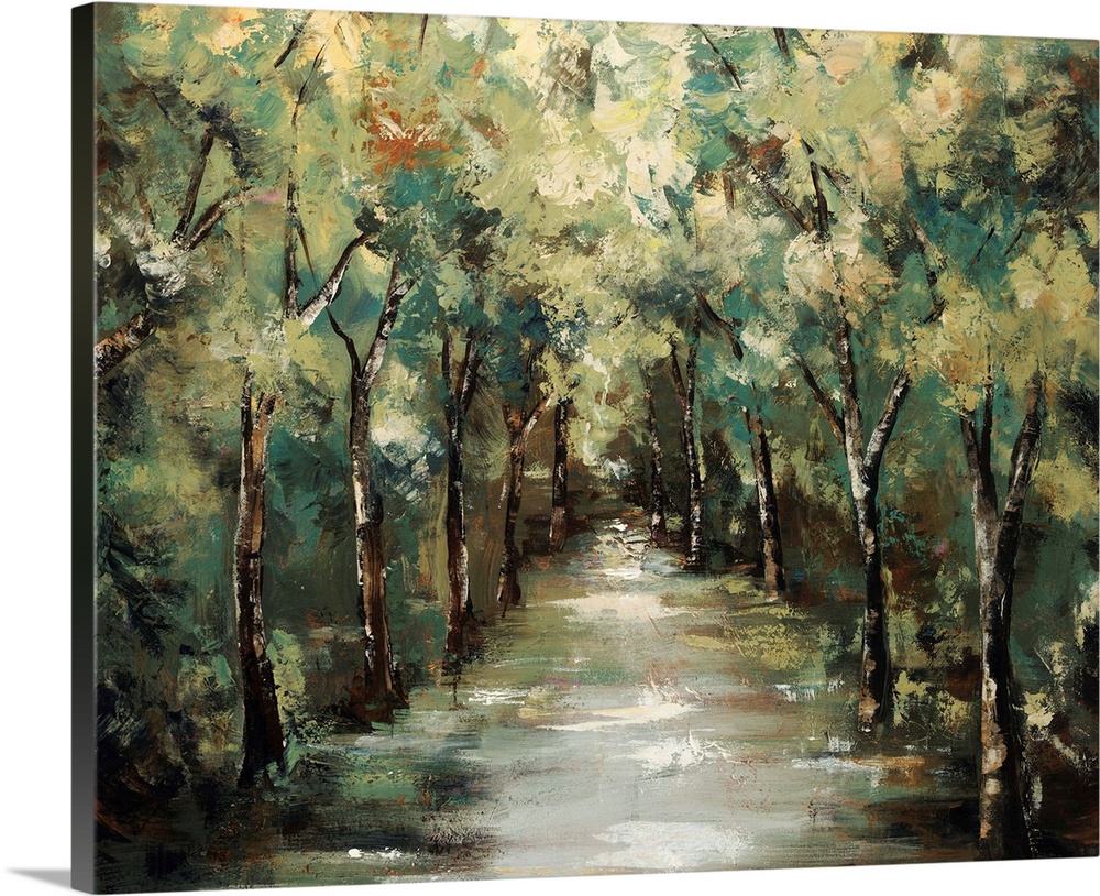 Contemporary landscapes scene of a path running through a vibrant and verdant forest.