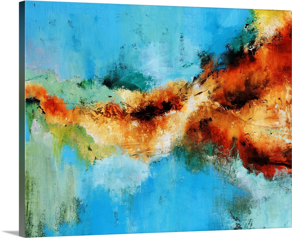 Large abstract painting with warm colors splattered against cool tones.