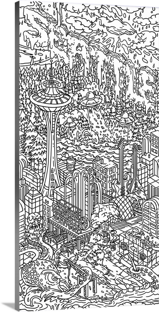 Fanciful illustration of the ever-rainy city of Seattle, Washington, with famous landmarks including the Space Needle and ...