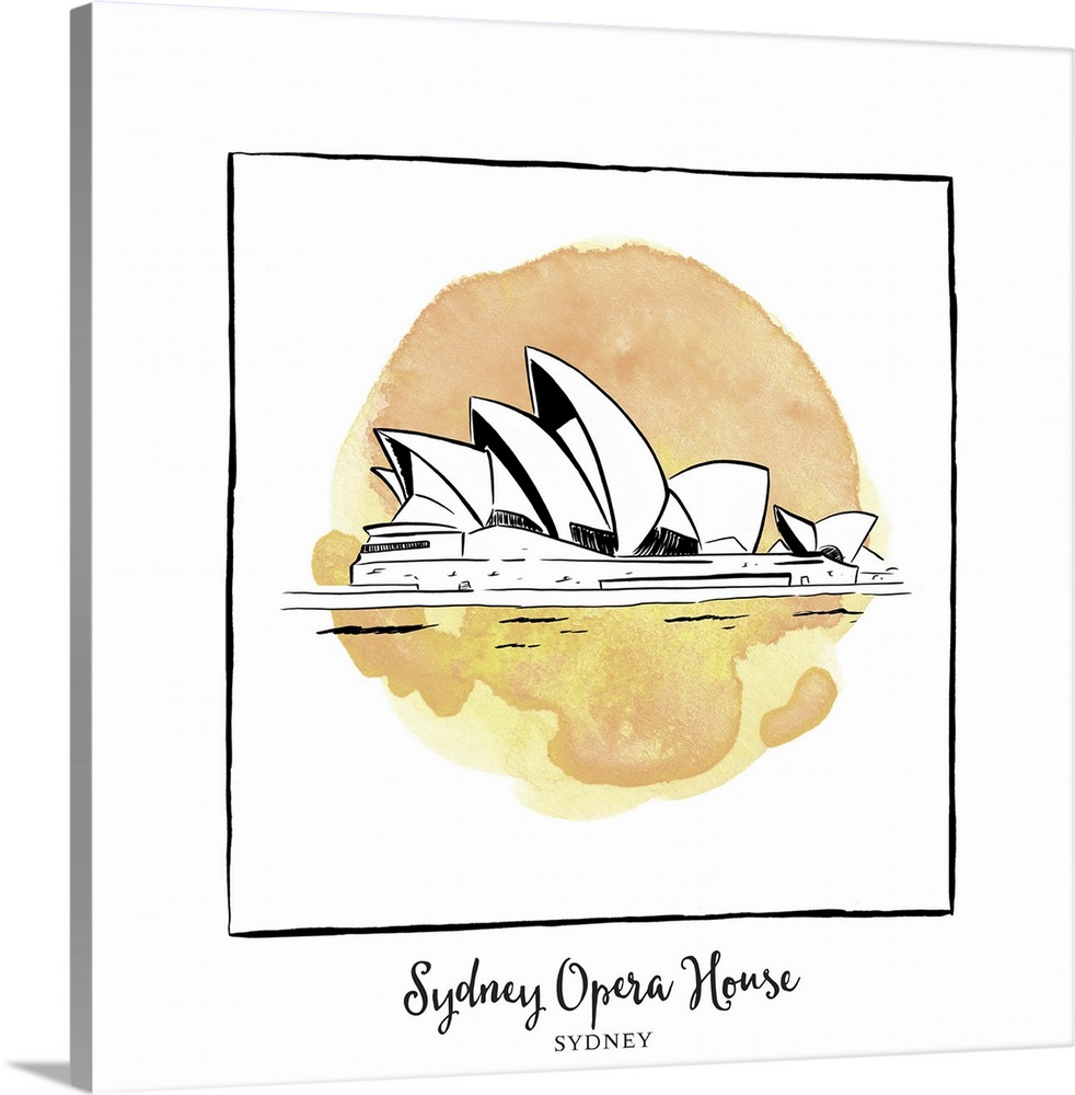 An ink illustration of the Sydney Opera House in Sydney, Australia, with an orange watercolor wash.