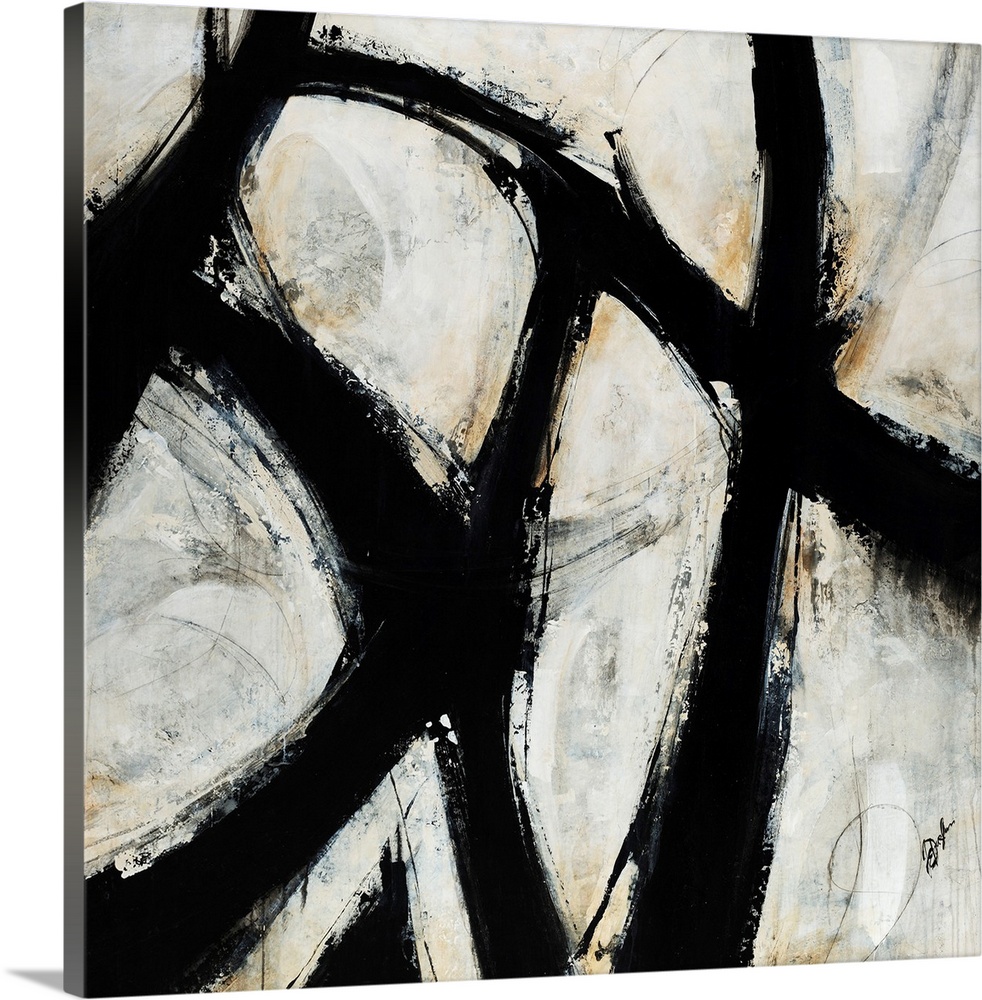 Contemporary abstract painting of black brush strokes over a netural background.