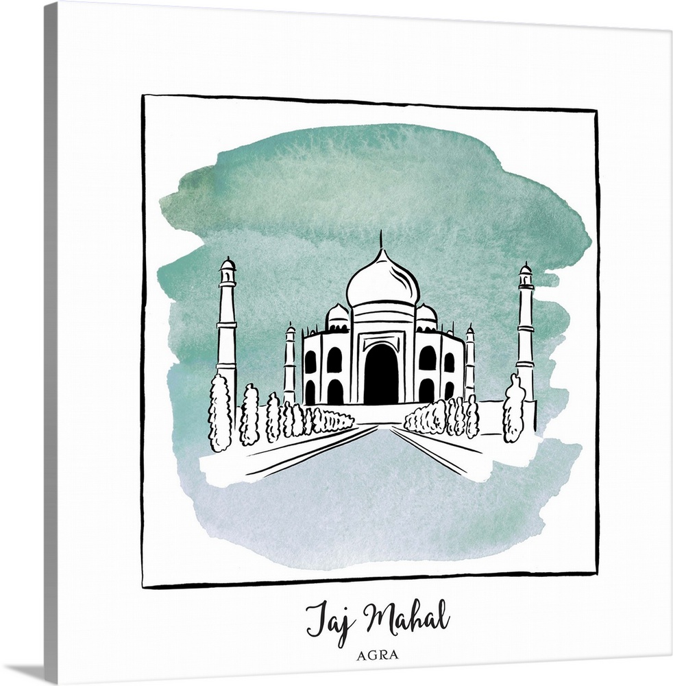 An ink illustration of the Taj Mahal in Agra, India, with a teal watercolor wash.