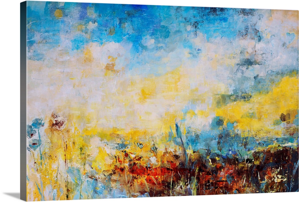 Abstract landscape painting in lemon yellow and bright blue.