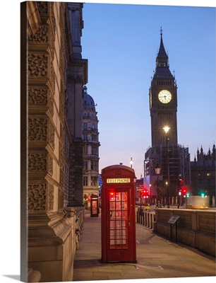 Telephone Booth and Big Ben at Night, Westminster, London, England, UK