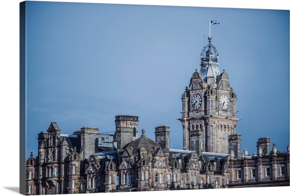 View of the clock tower at The Balmoral in Edinburgh, Scotland.