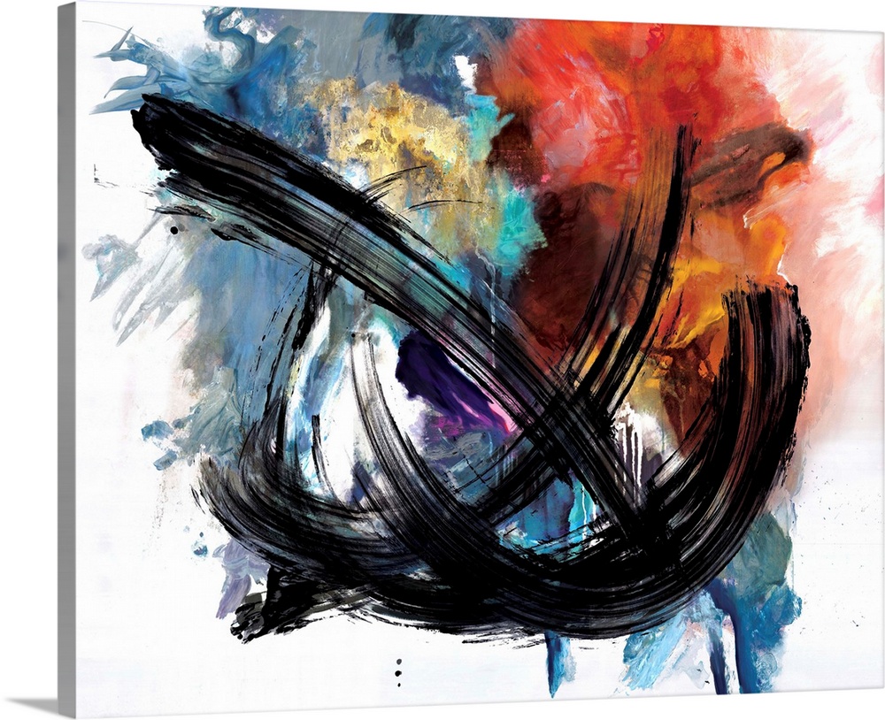 Contemporary abstract artwork in bright, fiery colors with broad black strokes across the center.