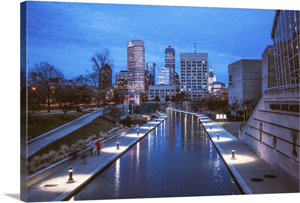 Waterway through the city of Indianapolis, Indiana, just before nightfall.