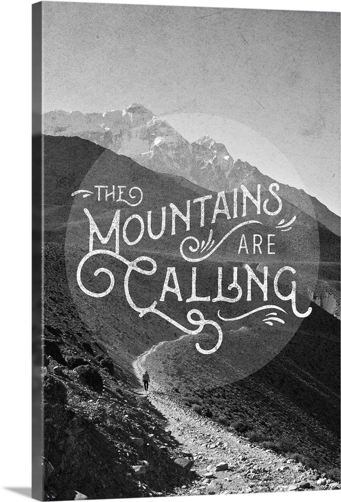 Contemporary typography art against a black and white image of a mountainous wilderness scene.