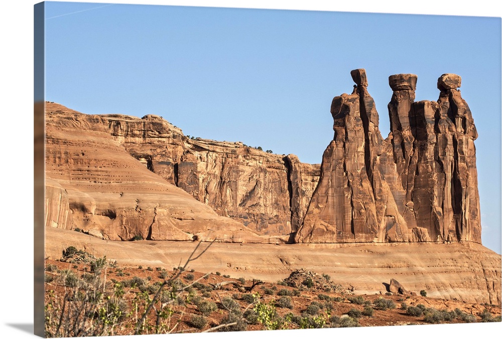 The Three Gossips, sandstone formation in the Courthouse Towers area of Arches National Park, Moab, Utah.