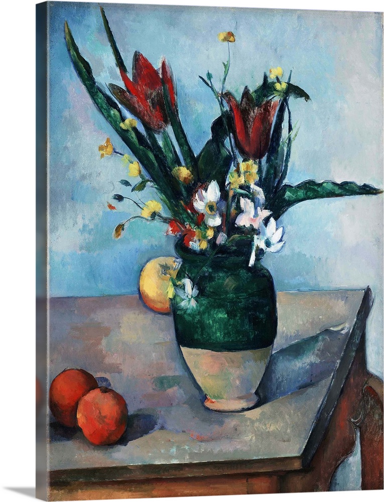 The table in this still life of flowers and fruit appears in several of Paul Cezanne's other paintings, although scholars ...