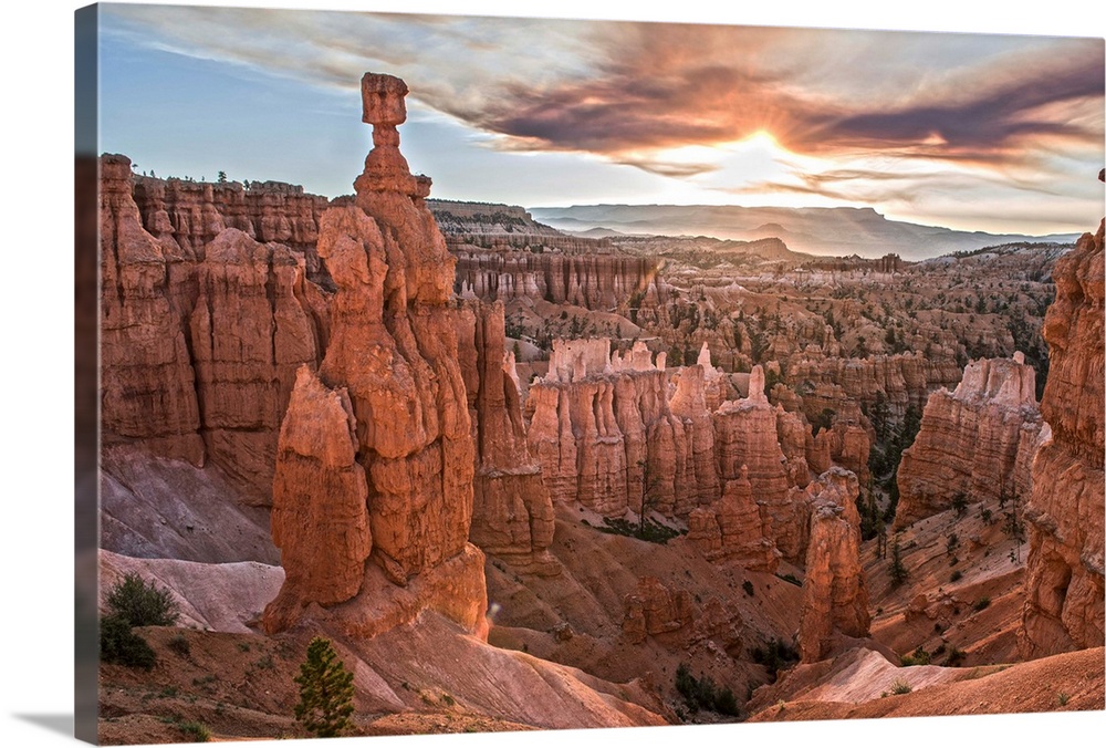 Cloudy skies over the hoodoos, including the Thor's Hammer structure in Bryce Canyon National Park, Utah.