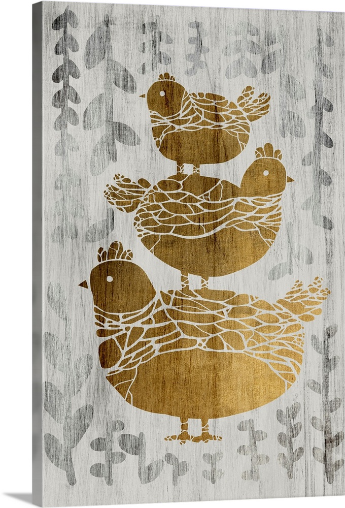 Gold leaf on weathered wood with a fern pattern of three chickens.
