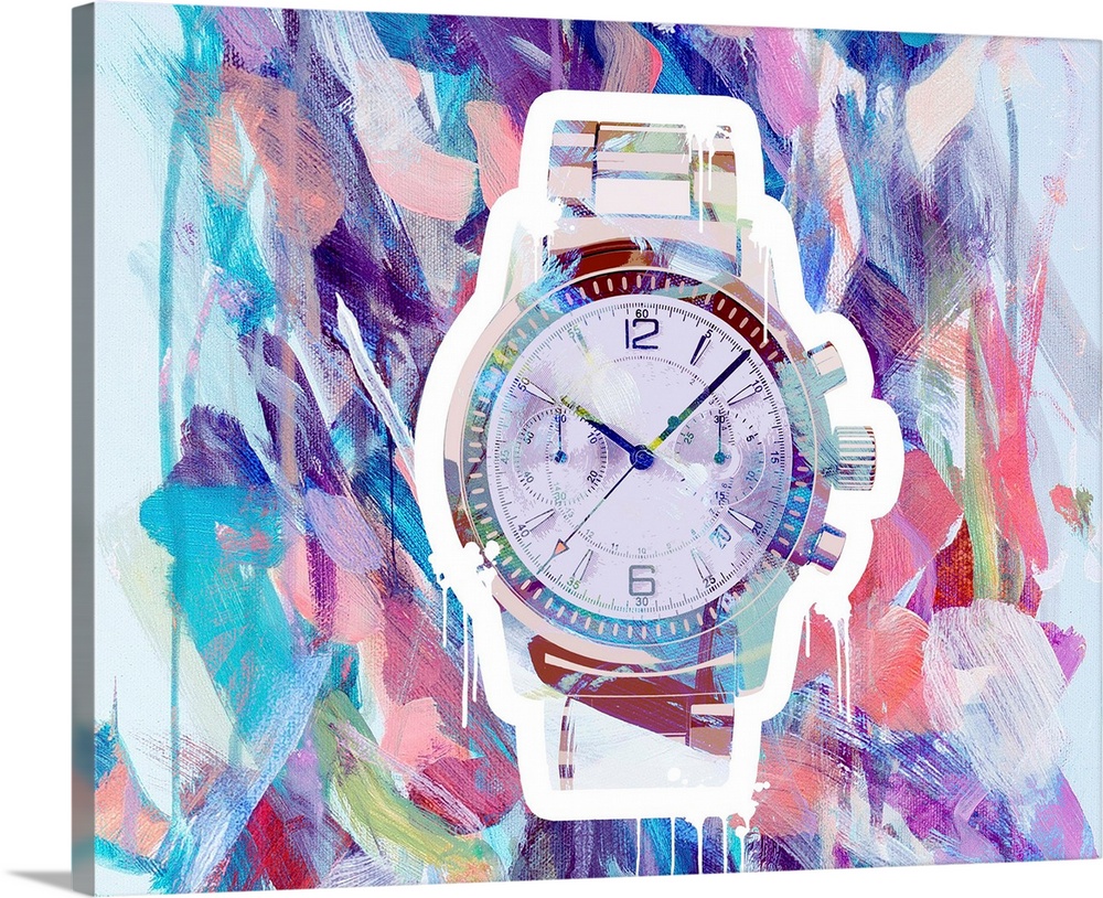 Graffiti art with fancy wrist watch on a colorful abstract background created with brushstrokes in all directions.