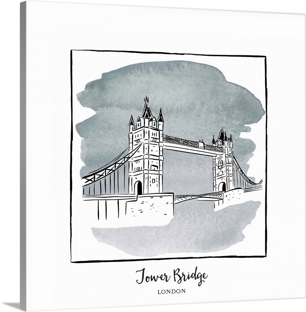 An ink illustration of the Tower Bridge in London, England, with a grey watercolor wash.