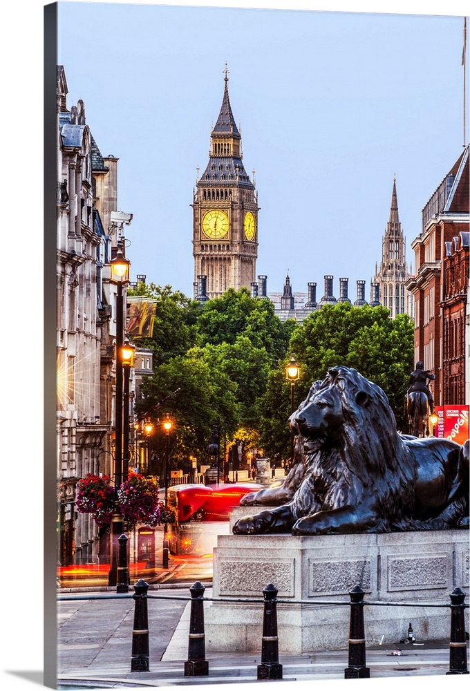 Photograph of Trafalgar Square with the iconic Trafalgar Lions in the foreground and Big Ben in the background.